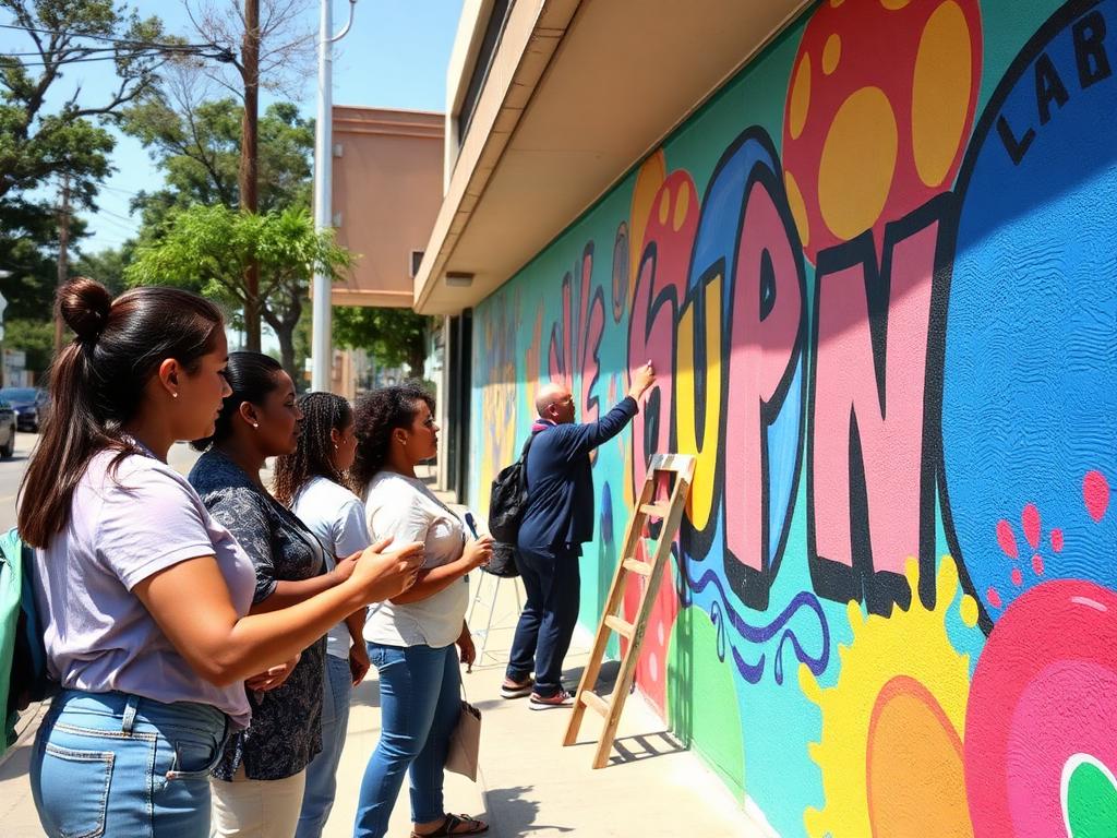 Volunteers painting a colorful community mural together