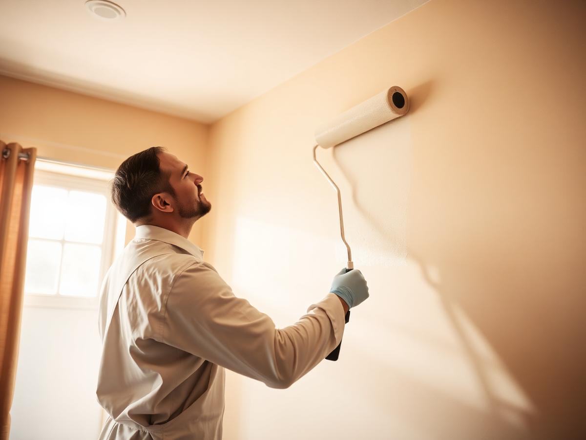 Painter rolling a wall in a sunlit room